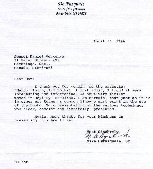 Letter from Grandmaster De Pasquale Sr.